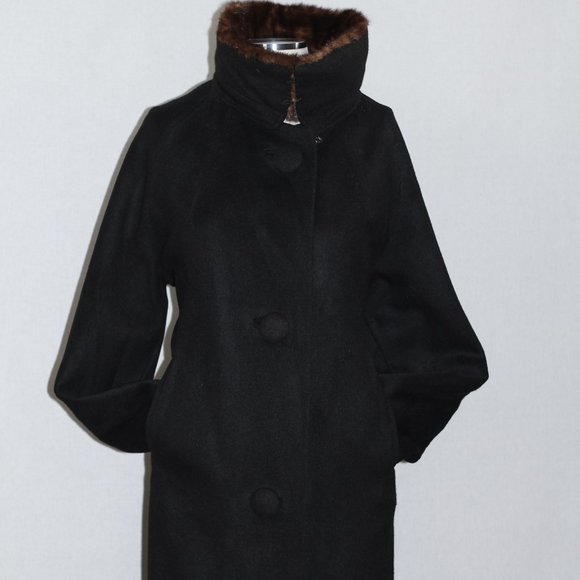 Fur Collar Black Wool Trench Coat - Picture 9 of 15